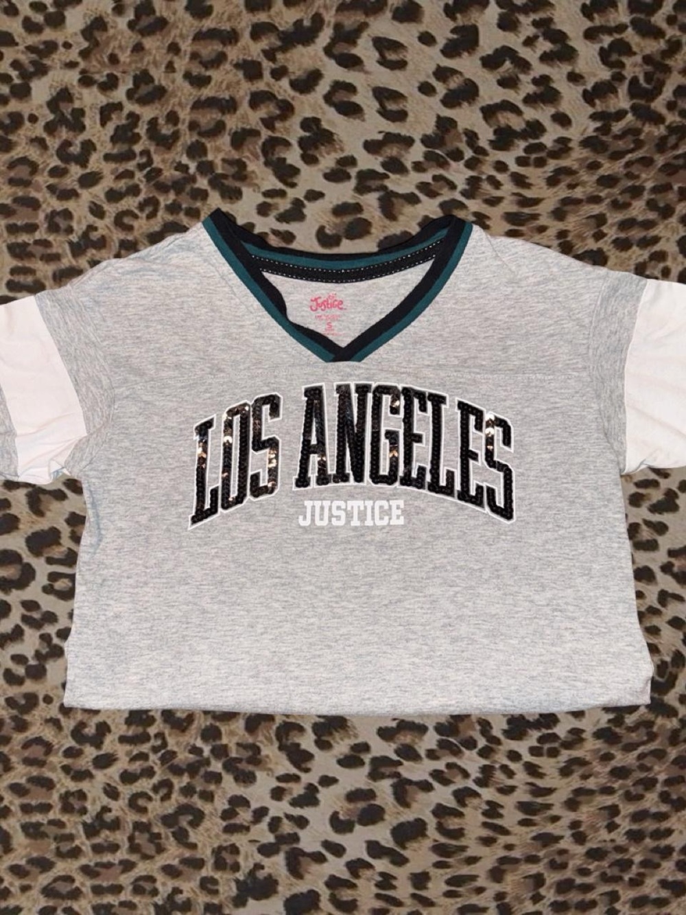Justice Grey Tee with White Sleeves and Teal-Trim V-Neck